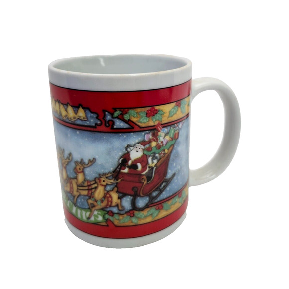 Vintage Christmas 1994 Collection Seasons Greating Santa and Reindeer Coffee Mug - Picture 1 of 8